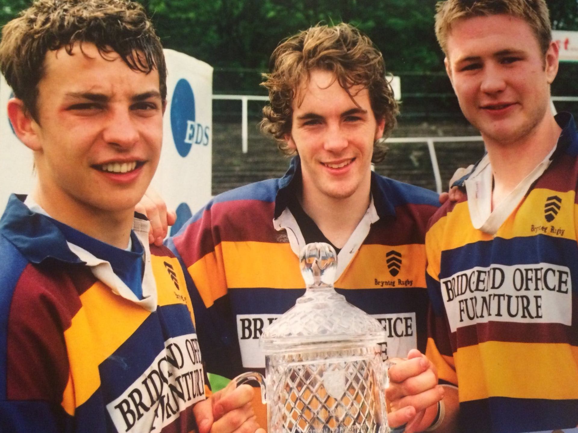 Three of the 2003 side with the Welsh Schools Cup at St Helen's